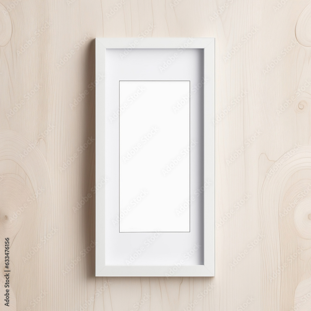 Blank vertical frame mockup on wood texture. Created with generative AI