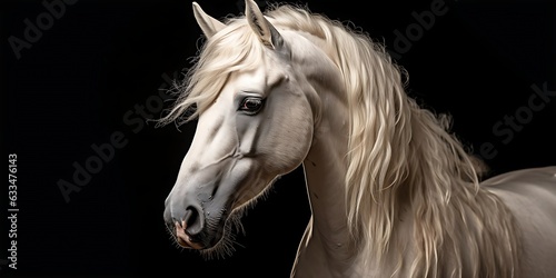 Portrait of beautiful Arabian white horse on a black dark studio background, sunlight, AI Generated