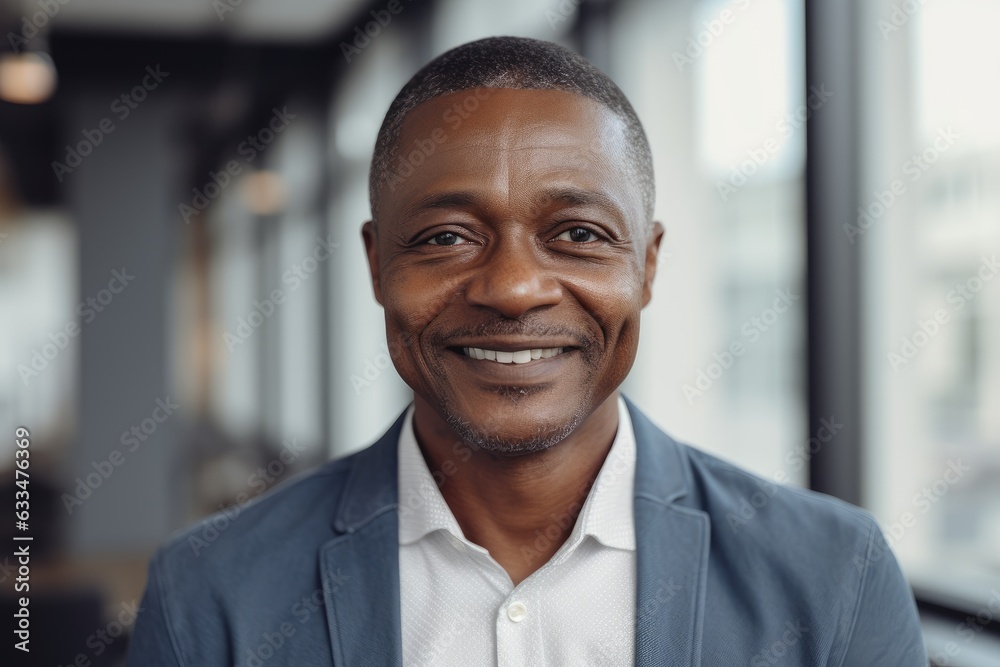 Portait of a middle aged businessman of african ethnicity in an office looking at camera