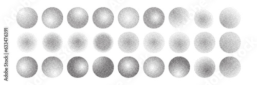 Circles with dotted texture, vintage halftone grunge pointillist ellipse. Ball with dissolved spray sand effect. Vector illustration of noise gritty gradient sphere for modern tattoo design.