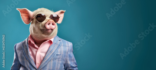 Fotografiet Pig in smart business suit shirt and sunglasses, looking serious businessman