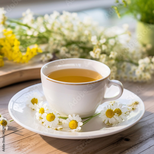 chamomile flowers and white cup of herbal tea on vintage light wooden table top