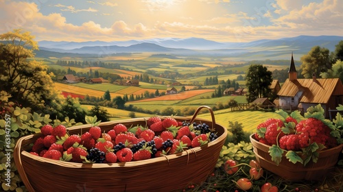  a painting of strawberries in a basket and a basket of strawberries in a basket.  generative ai