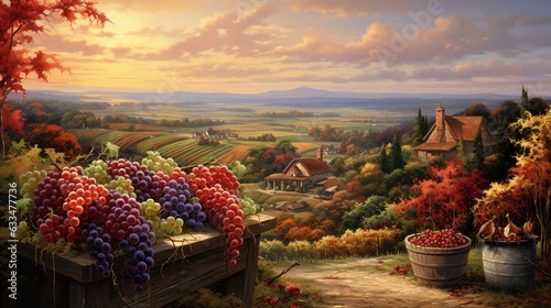  a painting of a vineyard with grapes in the foreground. generative ai