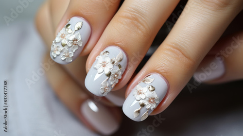 Beautiful female hands with manicure close-up, modern stylish nail design, generative ai