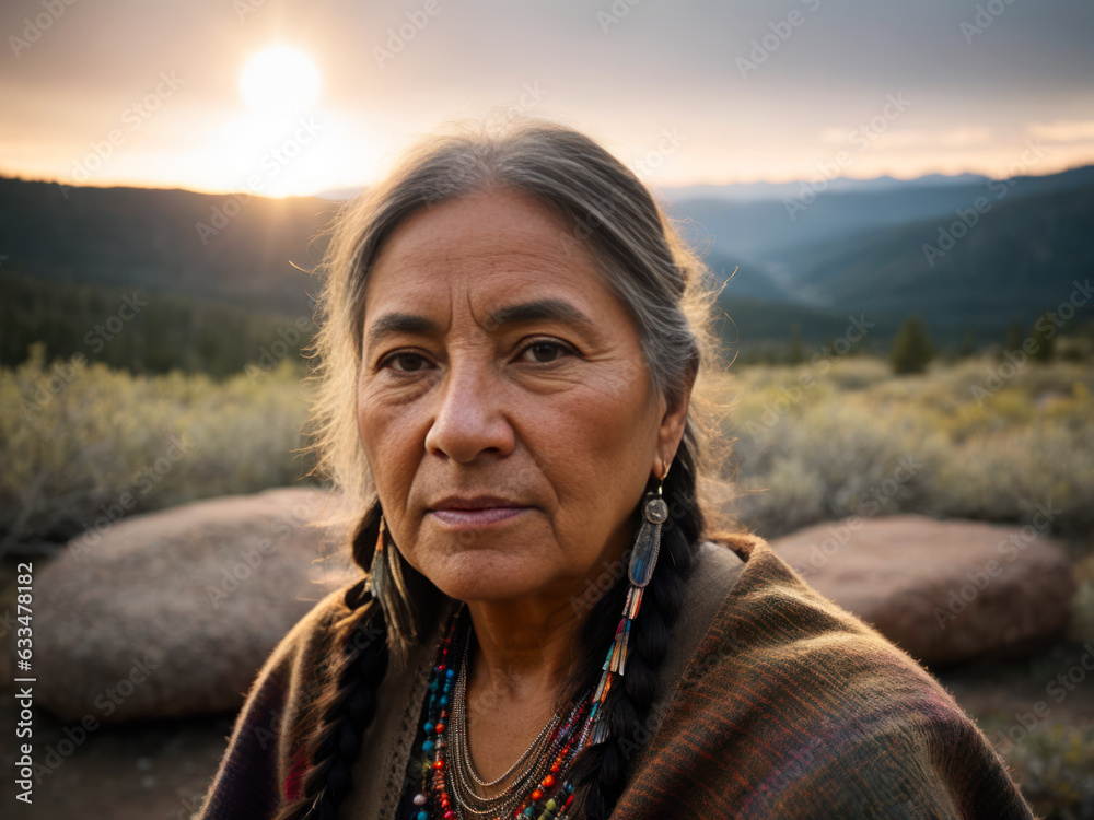 Portrait of a beautiful senior Native American woman in national dress over a campfire against a background of rocky mountains, spring flowers and the setting sun. Indigenous Travel concept. 