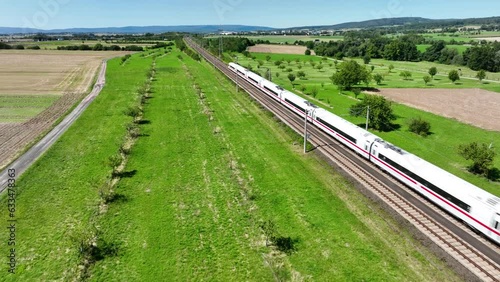 A passing high speed train - aerial drone point of view