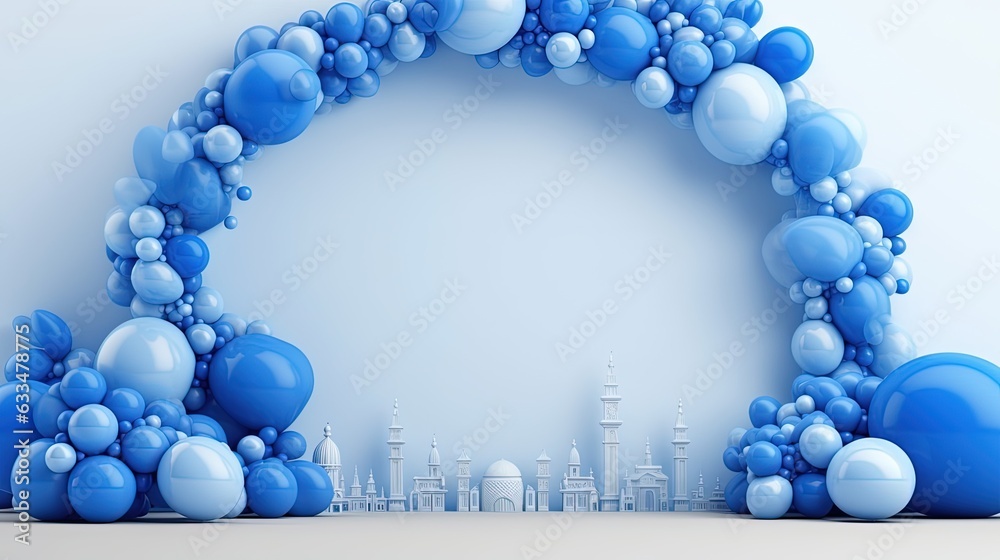 Generative AI, arch of blue balloons. Birthday party for boy 3d background, shower. Mockup, template for greetiing card. Generative AI, arch of blue balloons. Birthday party for boy 3d background, shower. Mockup, template for greetiing card.