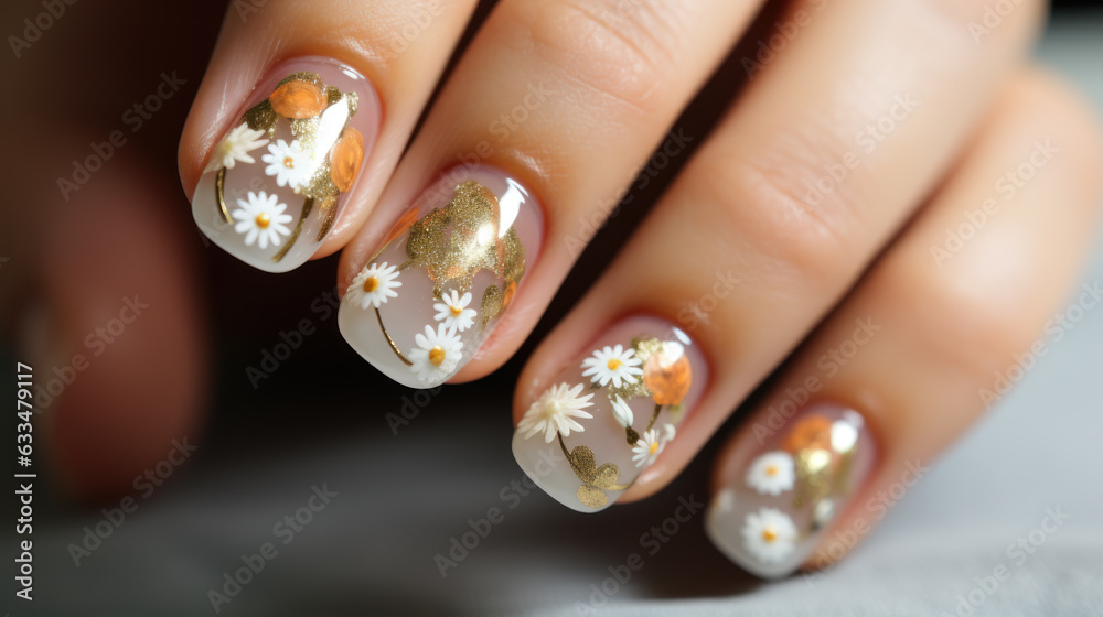 Beautiful female hands with manicure close-up, modern stylish nail design with butterflies, generative ai Beautiful female hands with manicure close-up, modern stylish nail design with butterflies, generative ai