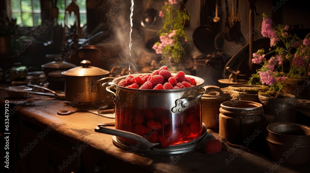 a pot full of raspberries on a kitchen counter. generative ai a pot full of raspberries on a kitchen counter. generative ai
