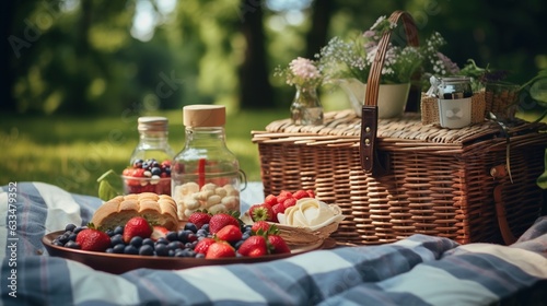  a picnic with a basket of fruit and a basket of cookies.  generative ai