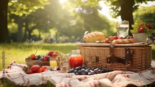  a picnic with a basket of fruit and a basket of bread. generative ai