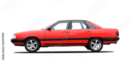 Red German sedan  side view on a white background. 1980s car.