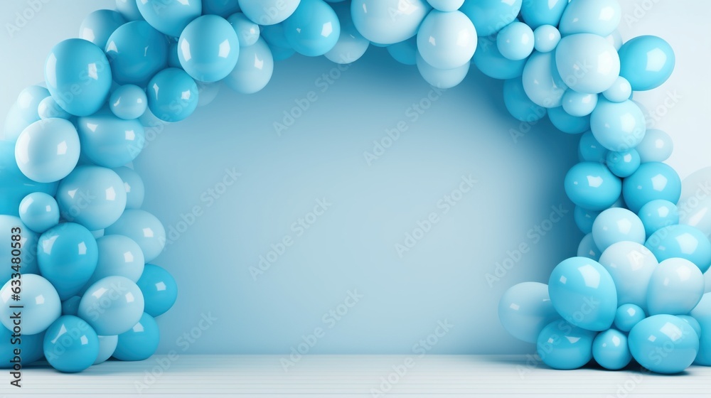 Generative AI, arch of blue balloons. Birthday party for boy 3d background, shower. Mockup, template for greetiing card. Generative AI, arch of blue balloons. Birthday party for boy 3d background, shower. Mockup, template for greetiing card.