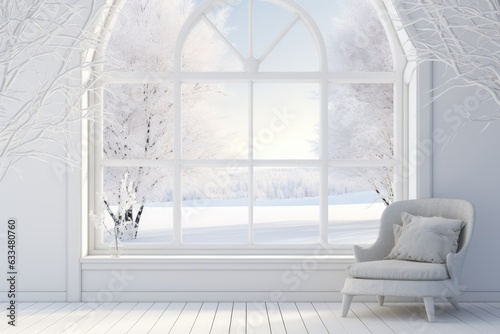 Scandinavian interior design displayed through a 3D illustration featuring an empty white room with winter and summer scenes visible in the window.