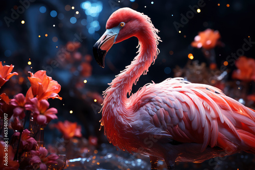 Surreal pink flamingo in a night blooming garden with flowers