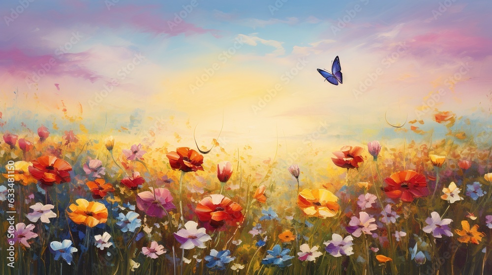 a painting of a butterfly flying over a field of flowers. generative ai a painting of a butterfly flying over a field of flowers. generative ai
