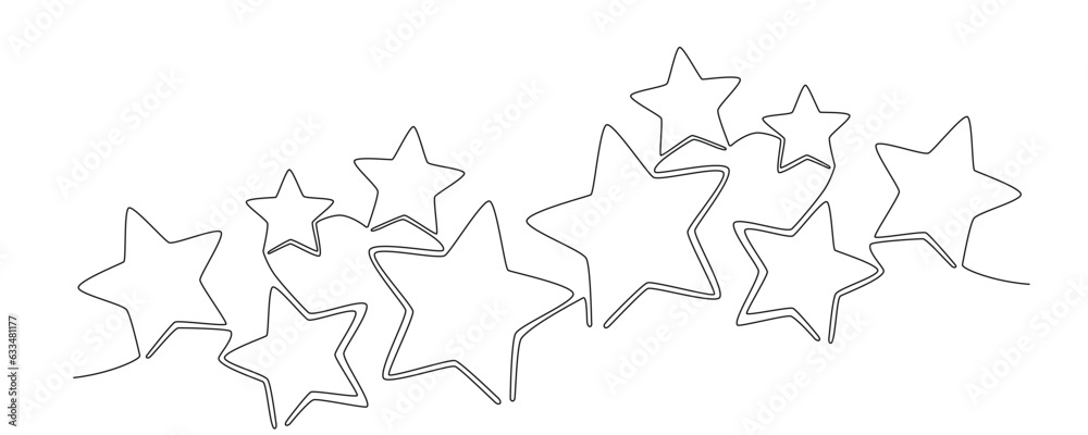 Christmas composition with stars. Hand drawing continues one single line. Vector stock illustration isolated on white background for invitation, card, presentation, frame or border. Editable stroke. Christmas composition with stars. Hand drawing continues one single line. Vector stock illustration isolated on white background for invitation, card, presentation, frame or border. Editable stroke.