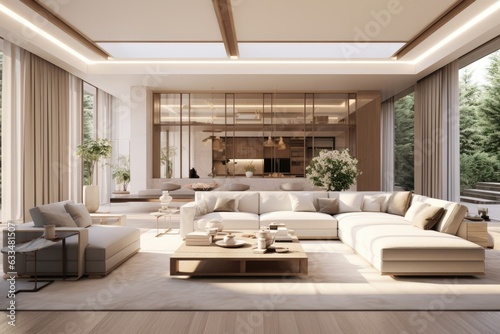 A computergenerated image of a bright and spacious living room with a modern and luxurious design, presented in a mockup illustration. The rendering showcases large and welllit interiors, creating a © 2rogan