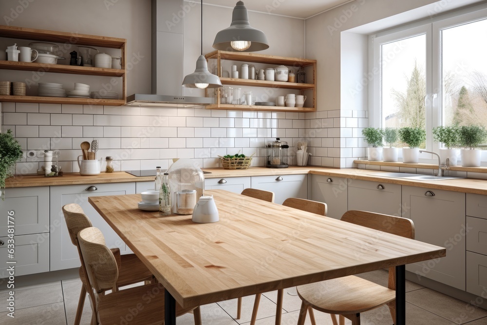 Scandinavian style kitchen with a wooden table top and blurred interior.