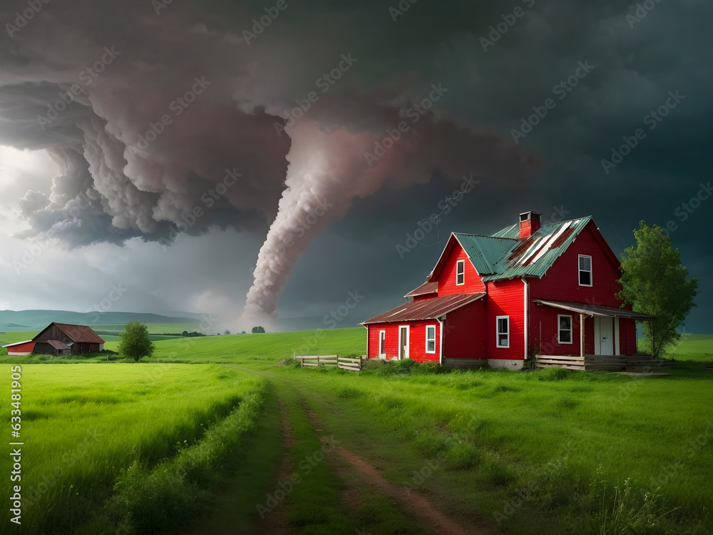 Dramatic scenery with tornado approaching Red farm house in inthe green valley, catastrophic environmental events, climate change 