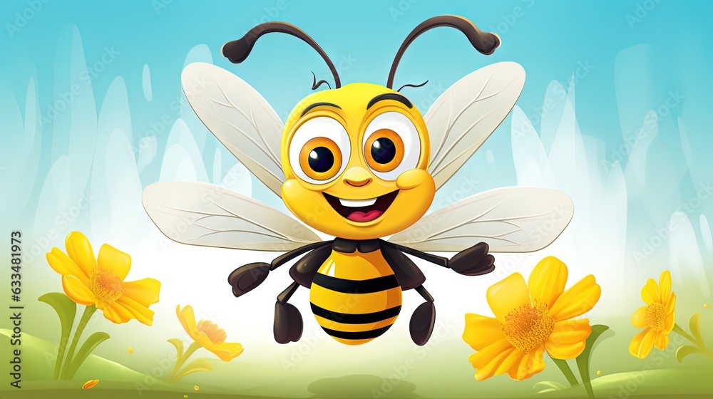  a cartoon bee flying over a field of yellow flowers with a happy face.  generative ai