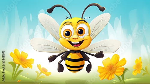  a cartoon bee flying over a field of yellow flowers with a happy face. generative ai