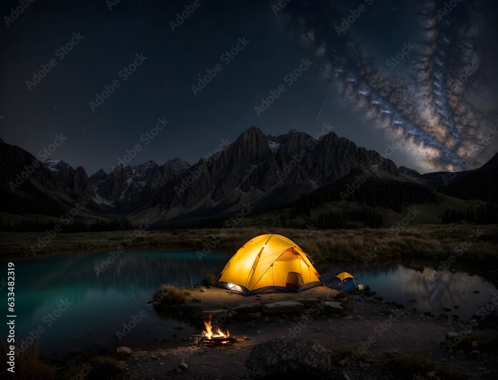 Beautiful scene with yellow tent and camp fire by the lake with mountains in the background understand milky way 