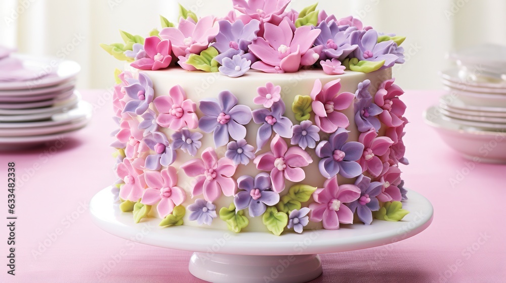  a cake decorated with pink and purple flowers on a plate.  generative ai