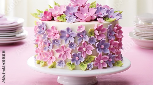  a cake decorated with pink and purple flowers on a plate. generative ai