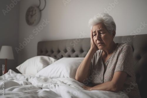 Senior woman having a headache and feeling sick in the bedroom at home