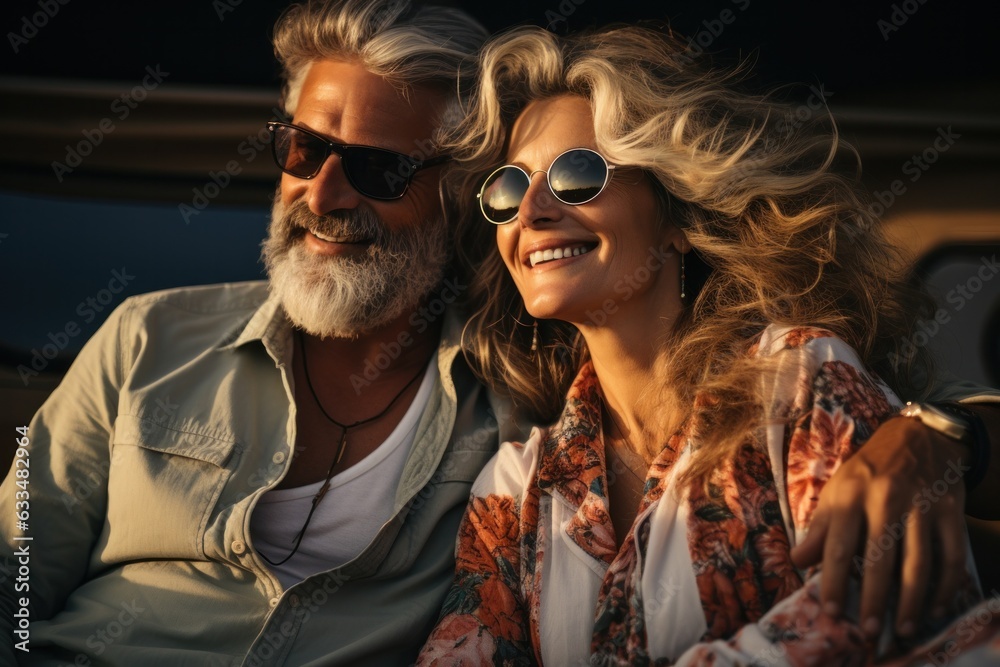 Happy laughing middle aged couple bonding and relaxing while on vacation. stylish middle aged couple Happy laughing middle aged couple bonding and relaxing while on vacation. stylish middle aged couple