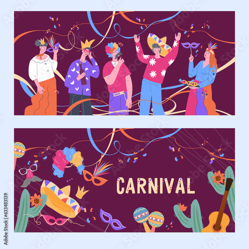 Carnival banners set with people have fun in masks, flat vector illustration. Purim or brazilian carnival, mardi gras festival banners or flyers.