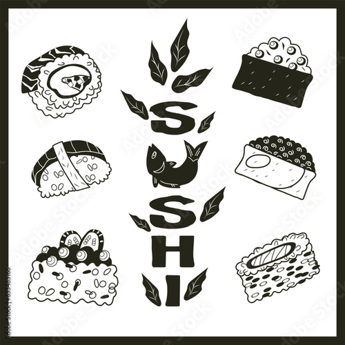 Sushi food banner or card, poster template for sushi Japanese restaurant or bar, hand drawn black and white graphic vector illustration on white background.