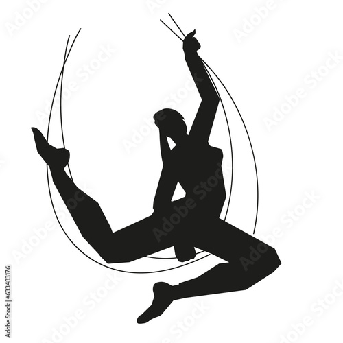 Woman doing fly yoga on canvas black silhouette, flat vector illustration isolated on white background. Fly or aerial yoga fitness logo design element.