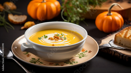 A bowl of pumpkin cream soup in a restaurant on a table. new quality universal colorful technology Stock Illustrations Image design, Generative AI