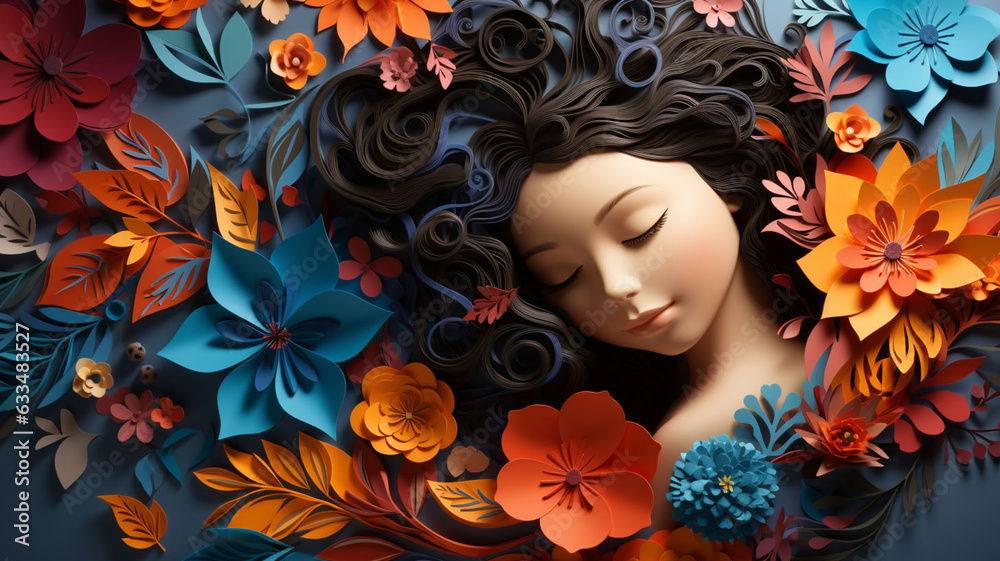 Whimsical Garden of Innocence 3D Paper Cut Crafted Illustration Silhouette of a Little Girl Face Delicate Floral Ornaments Flowers Leaves Woven Hair Youthful Beauty and Floral Artistry Whimsical Garden of Innocence 3D Paper Cut Crafted Illustration Silhouette of a Little Girl Face Delicate Floral Ornaments Flowers Leaves Woven Hair Youthful Beauty and Floral Artistry