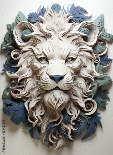 Pristine Majesty Captivating 3D Paper Crafted Portrait of a Beautiful White Lion's Frontal View Blue Leaves Graceful Features Piercing Eyes, Merging the Allure of Nature's Beauty with Artistic Crafts