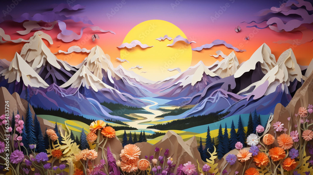 Traverse 3D Psychedelic Landscape Stunning Artistic View Snowy Mountains, Sunlit Radiance Colorfully Vivid Sky Inviting Nature's Beauty Through Mesmerizing Kaleidoscope of Colors
