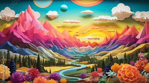 Dream Valley 3D Psychedelic Landscape Artistic Exploration of Snowy Mountains, Sunlit Beauty, and a Kaleidoscopic Sky, Creating a Mesmeric Realm of Natural Wonder in Dimensional Splendor