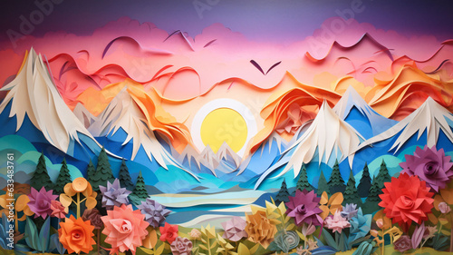 Psychedelic Reverie Nature s Splendor 3D Artistic Landscape View Snowy Mountains  Radiant Sun  and a Kaleidoscope of Colors in the Sky  Embracing the Eclectic Beauty Natural World