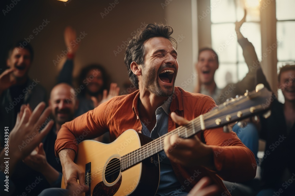 Obraz premium Man playing a guitar at a home gathering, everyone clapping along - Music and entertainment - AI Generated