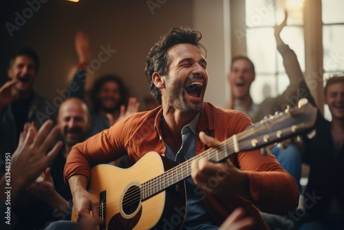 Man playing a guitar at a home gathering, everyone clapping along - Music and entertainment - AI Generated