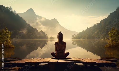 Girl Meditating by Mountain Lake