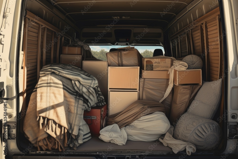 Relocation Van A visual depiction of a moving van interior with neatly stacked fabric ...
