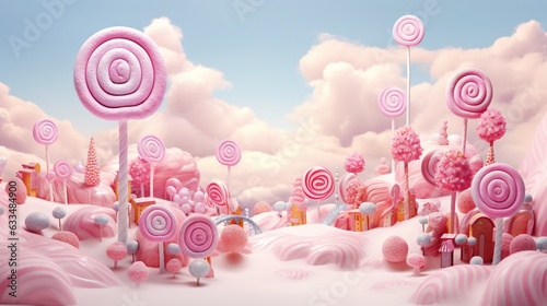a digital painting of pink candy land with giant lollipops. generative ai