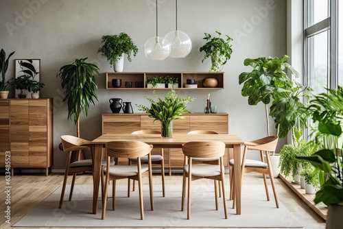 The dining room in this modern home decor is adorned with stylish and botanyinspired elements. It features a beautifully designed wooden table, chairs, and furniture, along with an abundance of plants