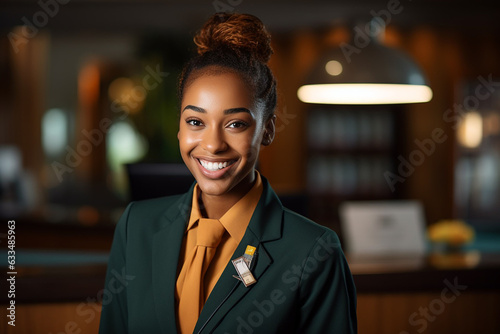 Welcoming with a Smile: Portrait of a Young Black Woman Hotel Receptionist photo