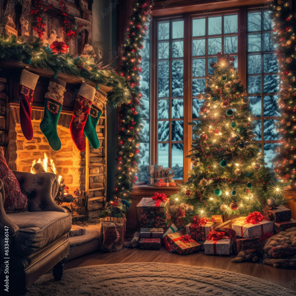 interior christmas. magic glowing tree, fireplace, gifts in dark. Background .