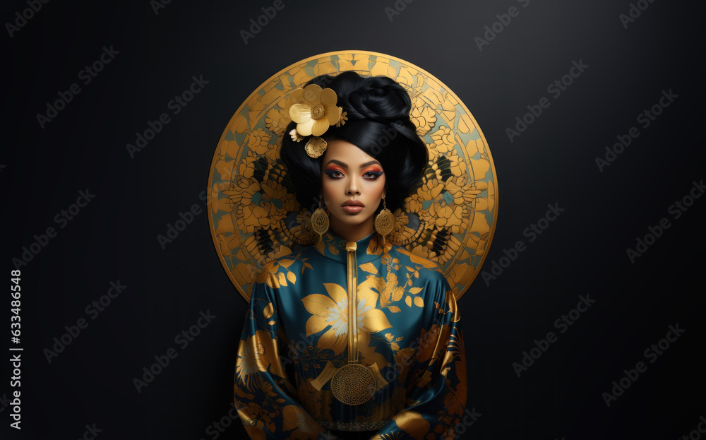 Stylish portrait of a black woman wearing Asian traditional clothes